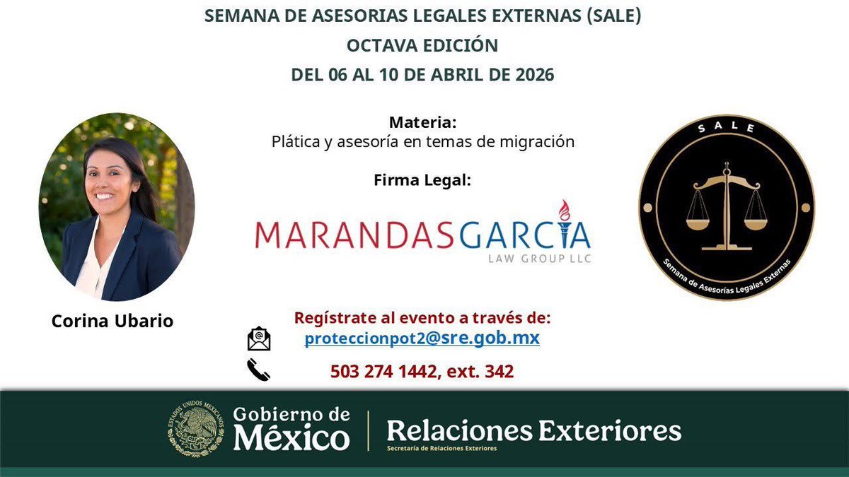 ConsulMexPot's tweet image. 📢📢Te invitamos a formar parte de la #SALE ⚖ Tendremos la participación de los abogados 🧑🏽‍⚖️👩🏽‍⚖️ Luis García y Corina Ubario de Marandas Garcia Law Group, quienes brindarán información en materia migratoria y asesoría ⚖️ a nuestra comunidad 🇲🇽 ¡Te esperamos! 🇲🇽⚖️🇺🇸