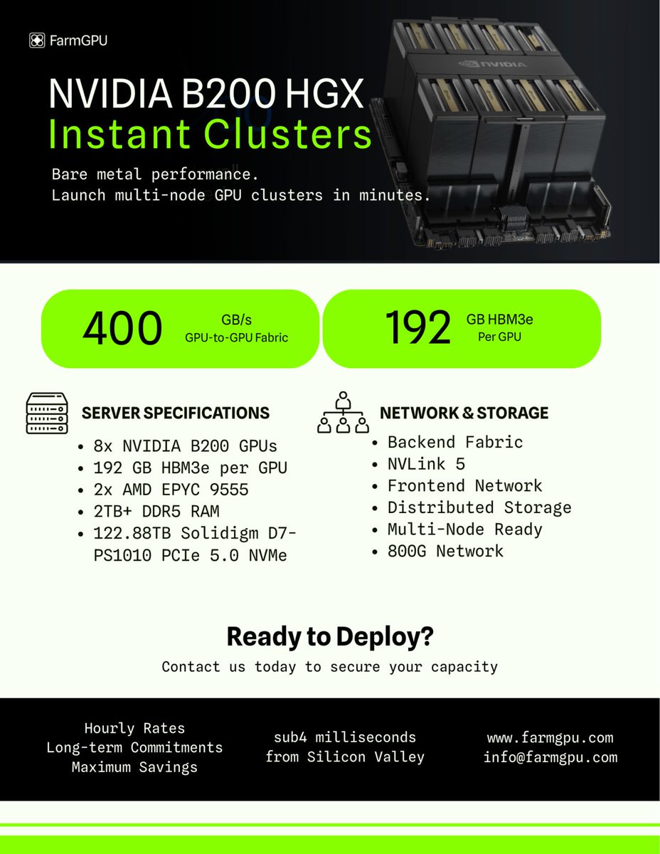 FarmGPU's tweet photo. B200 bare metal performance. Spins up in minutes.

Good news
FarmGPU + @RunPod Instant Clusters: B200 HGX, 800G open Ethernet fabric, 8x PCIe 5.0. NVMe per node via @Solidigm

No procurement queue. No hyperscaler tax. Just the hardware.

Bad news
we are sold out 😭 need more GPUs

https://t.co/DOGdCqjw8z