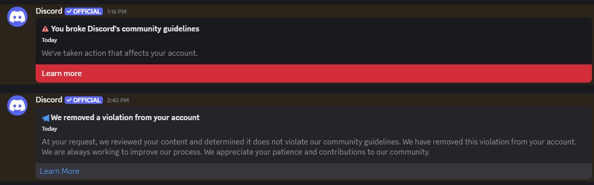 ConeAlwaysUp's tweet photo. @discord @discord_support so my violation was removed because i didnt do anything yet i still cant talk.... https://t.co/6jPNczvFs8