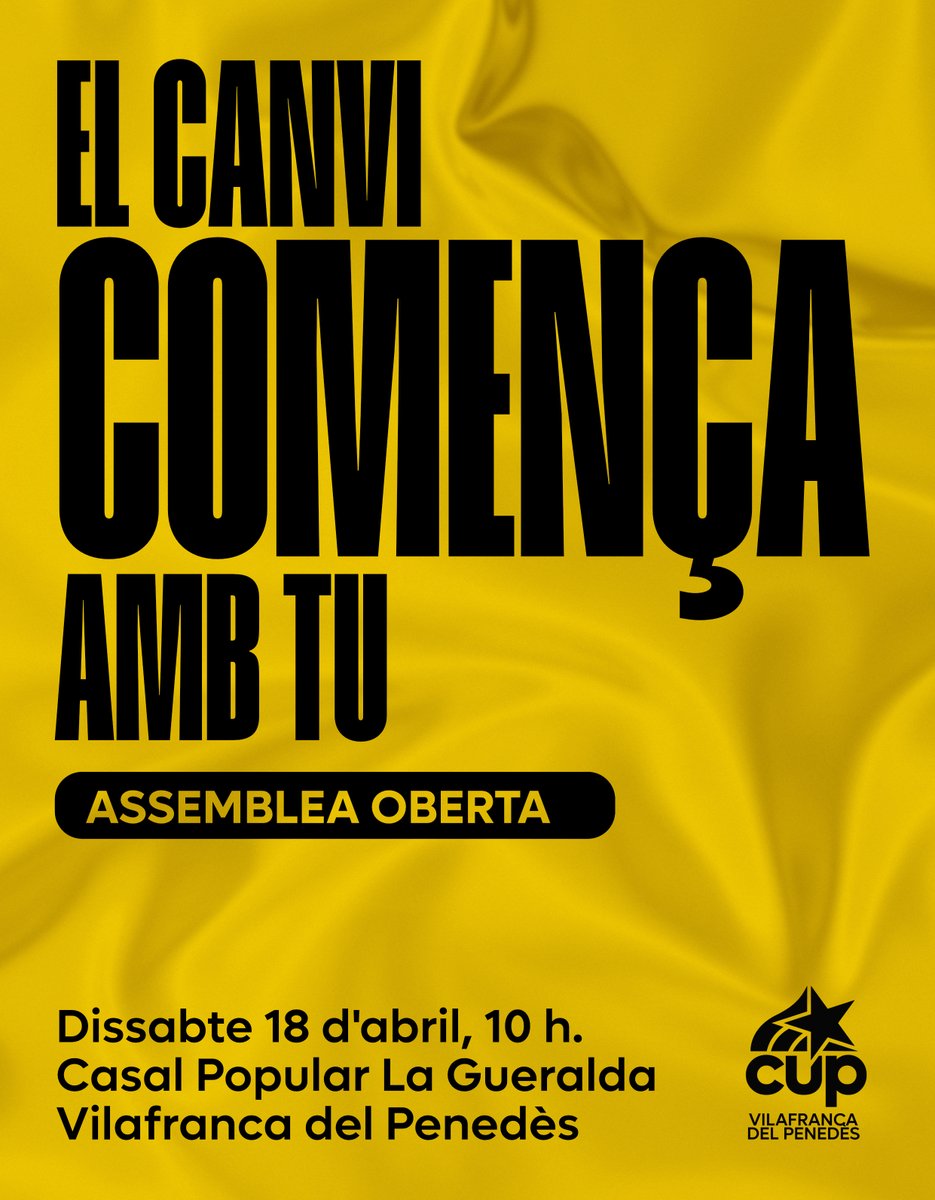 cupvila's tweet photo. El canvi comença amb tu!

Assemblea oberta de la CUP Vilafranca del Penedès per compartir propostes, debatre i posar en comú idees sobre el present i futur de Vilafranca.

📅 Dissabte 18 d’abril
🕙 10 h
📍 Casal Popular La Gueralda - @lagueralda_cpv 

Reserva't la data. https://t.co/6AMtOj5fK9