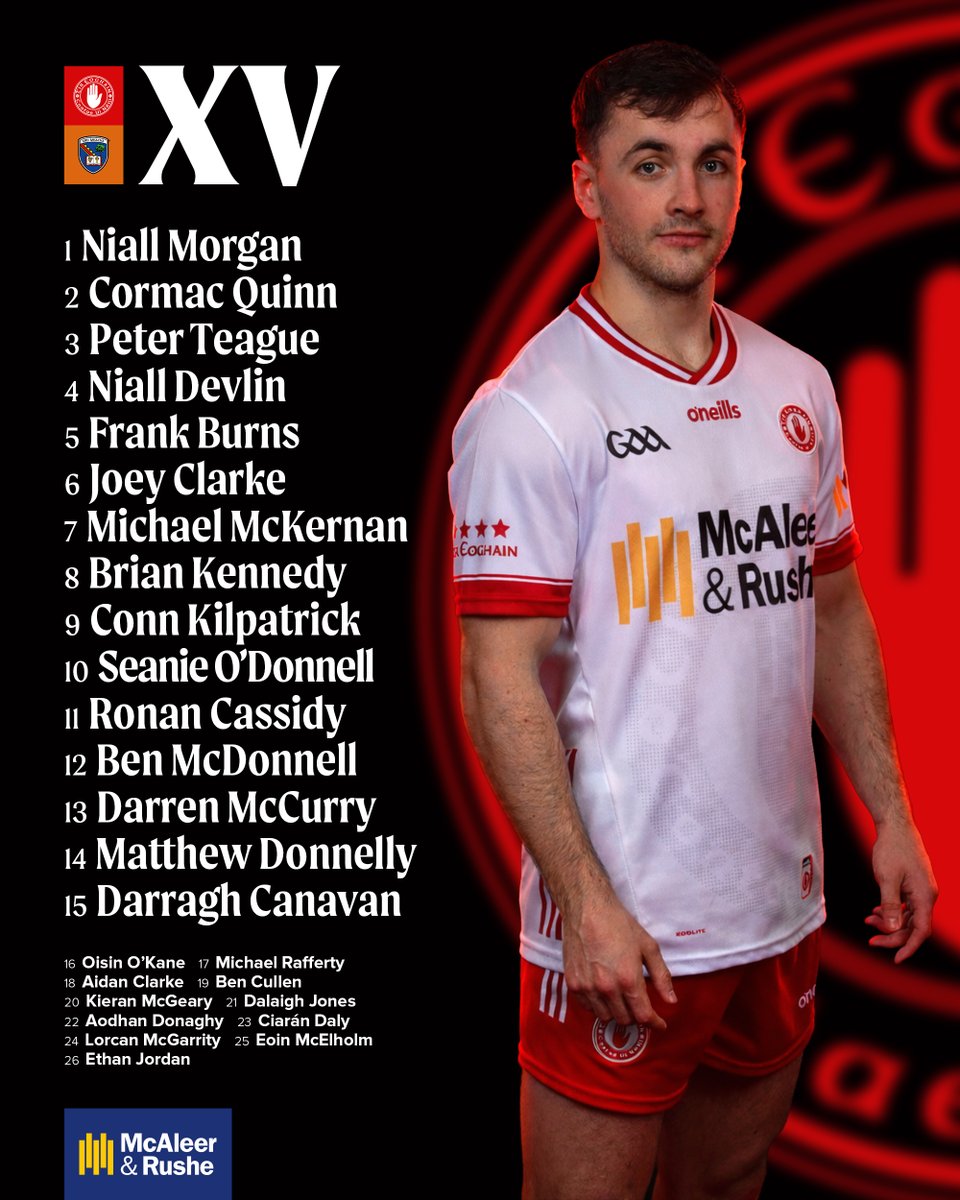 TyroneGAALive's tweet photo. 📄 Here's our Starting XV for Sunday's Ulster Senior Football Championship game against Ard Mhacha.

⏰ Sunday 12th April • 4.15pm
📍 BOX-IT Athletic Grounds, Armagh

📺 BBC Sport will be bringing you coverage from Armagh, live on BBC iPlayer and BBC Two. The game will also be available to watch on RTÉ.

#Ulster2026
