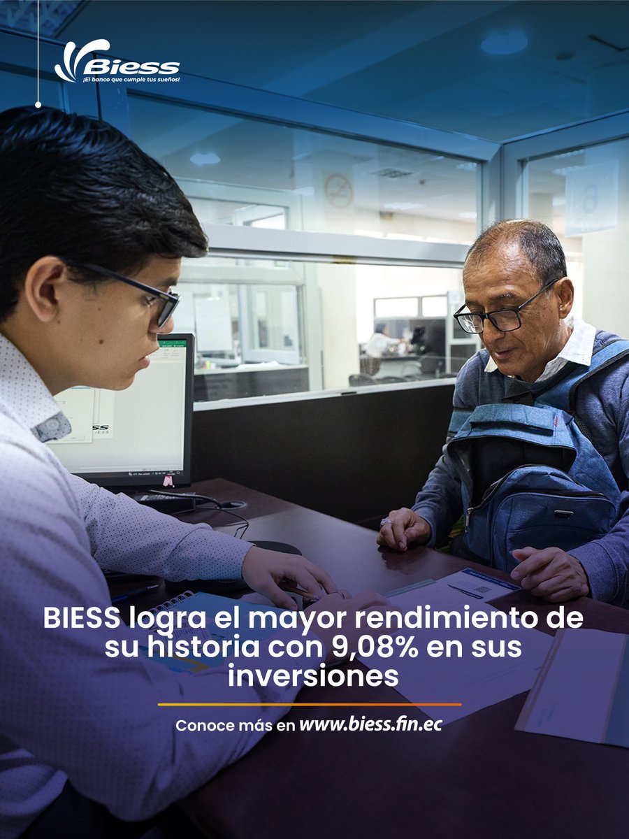 BiessEcuador's tweet photo. Un hito que marca historia 📊

El #BIESS alcanza un rendimiento del 9,08% en sus inversiones, el más alto registrado, reflejo de una gestión sólida y responsable de los fondos.

Nota completa: https://t.co/TDJtFAJyuk https://t.co/5dUnQh06UB