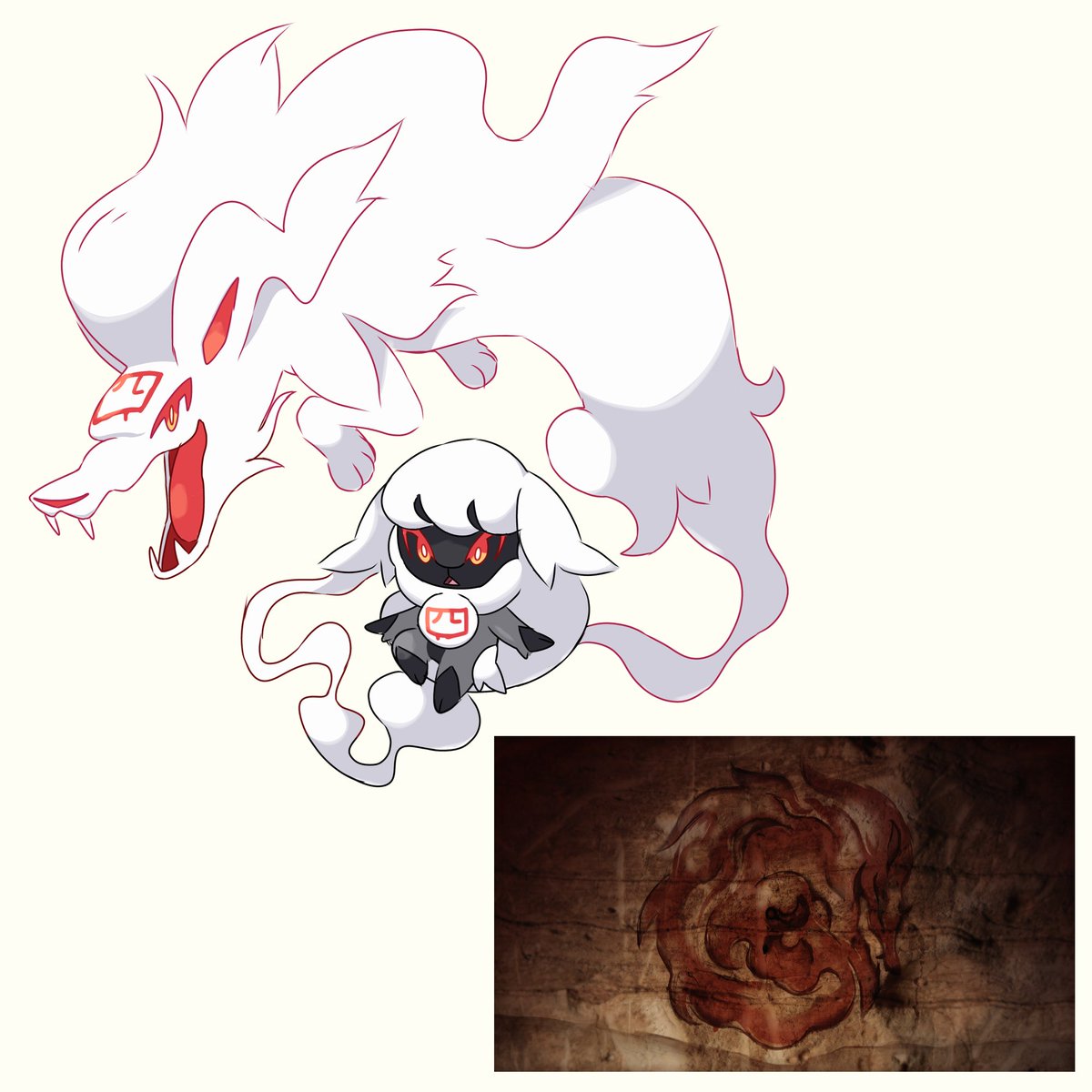 Unovabang's tweet image. Legendary Pokémon from my fangame, it represents death and the reference is quite obvious to LoL fans
artwork by brother @Red_brb 
#Pokemon #fakemon