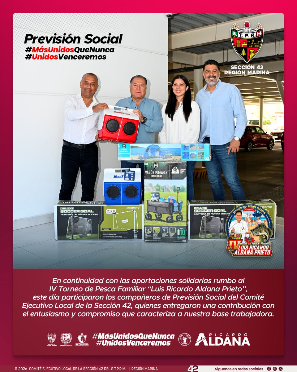 Hoy, nuestro líder Luis Gerardo Pérez Sánchez recibió con gran ánimo a los compañeros de Previsión Social, quienes se sumaron con su aportación de regalos para el IV Torneo de Pesca Familiar "Luis Ricardo Aldana Prieto".

Su participación refleja el trabajo en equipo y la unión