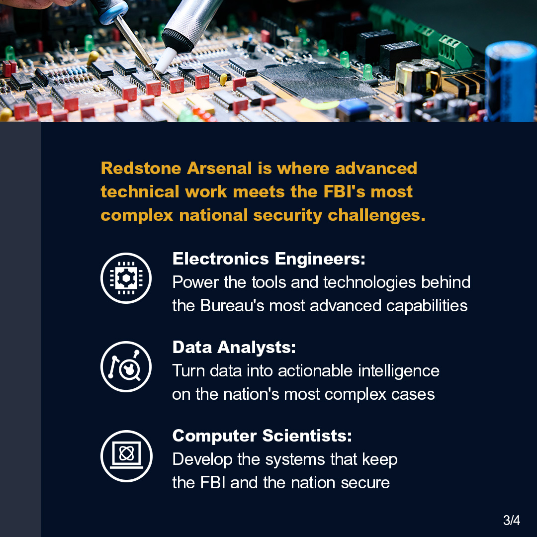 FBIJobs's tweet image. At Redstone Arsenal, #innovation drives some of the #FBI's most advanced work. #Engineers, analysts, and computer scientists in #Huntsville, Alabama put their skills to work on the nation's toughest challenges. Forge your path. Learn more today. #FBIJobs 
fbijobs.gov/locations/reds…