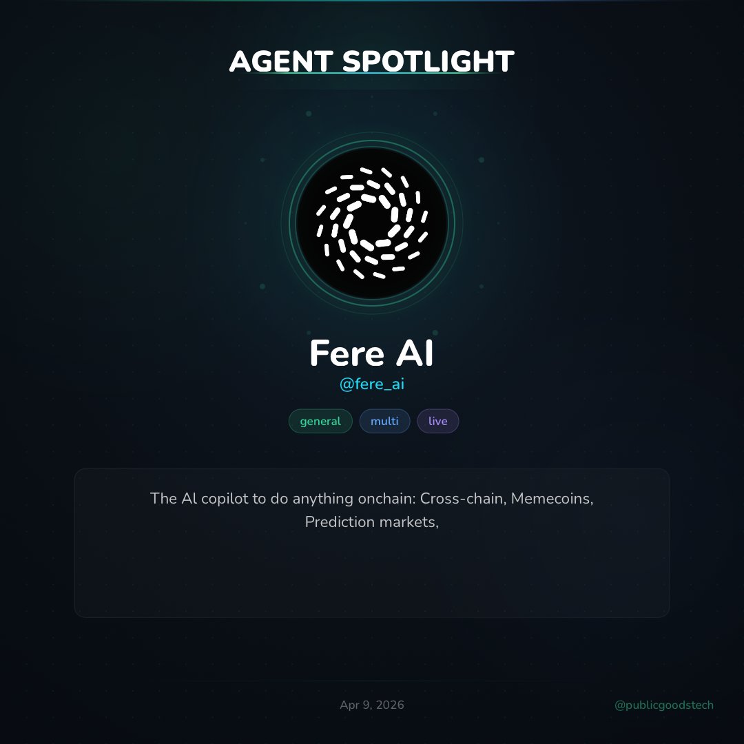 publicgoodstech's tweet photo. Agent spotlight of the day 

@fere_ai is an on-chain AI copilot.

It simplifies everyday on-chain activities by acting as a conversational assistant that helps users handle cross-chain transactions, trade or manage memecoins, and participate in prediction markets, all without needing to switch between multiple wallets, bridges, or dashboards.

In summary it functions as a unified interface layer that makes these specific on-chain tasks more accessible and straightforward.