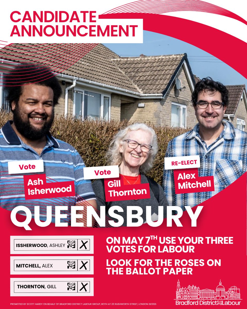 AlMitchell89's tweet photo. 📢 Today the list of candidates for the upcoming local elections have been announced.

💪 I'm proud to be seeking re-election, leading a strong team. Ashley Isherwood &amp; Gill Thronton.

🌹 Your Queensbury Labour Team are active all year round, not only at election time. https://t.co/3JjkB08daG