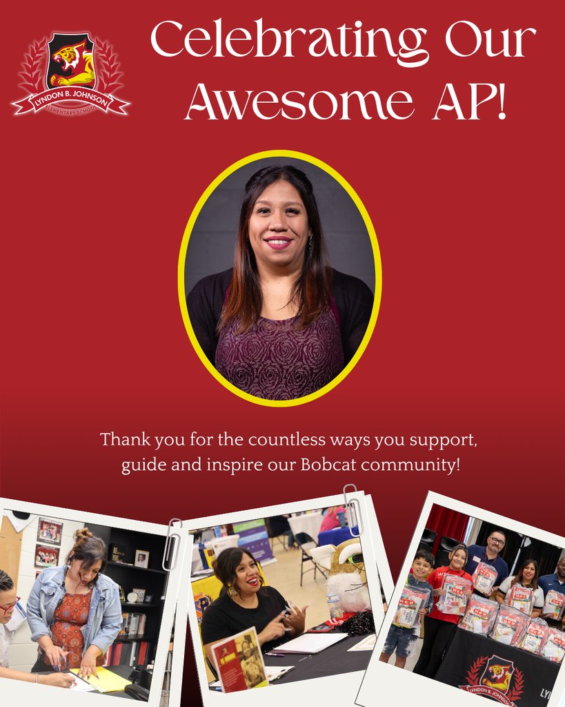 LBJelem's tweet photo. Our Assistant principal does it all: 
📚 Support teachers 
✏️ Mentor students 
🏫 Strengthen school culture 
💡 Lead through challenges 

This week we’re celebrating Ms. Huizar for all she does to help make LBJ a creative and safe place.  #APWeek #EdgewoodProud https://t.co/YYlifDxdPM