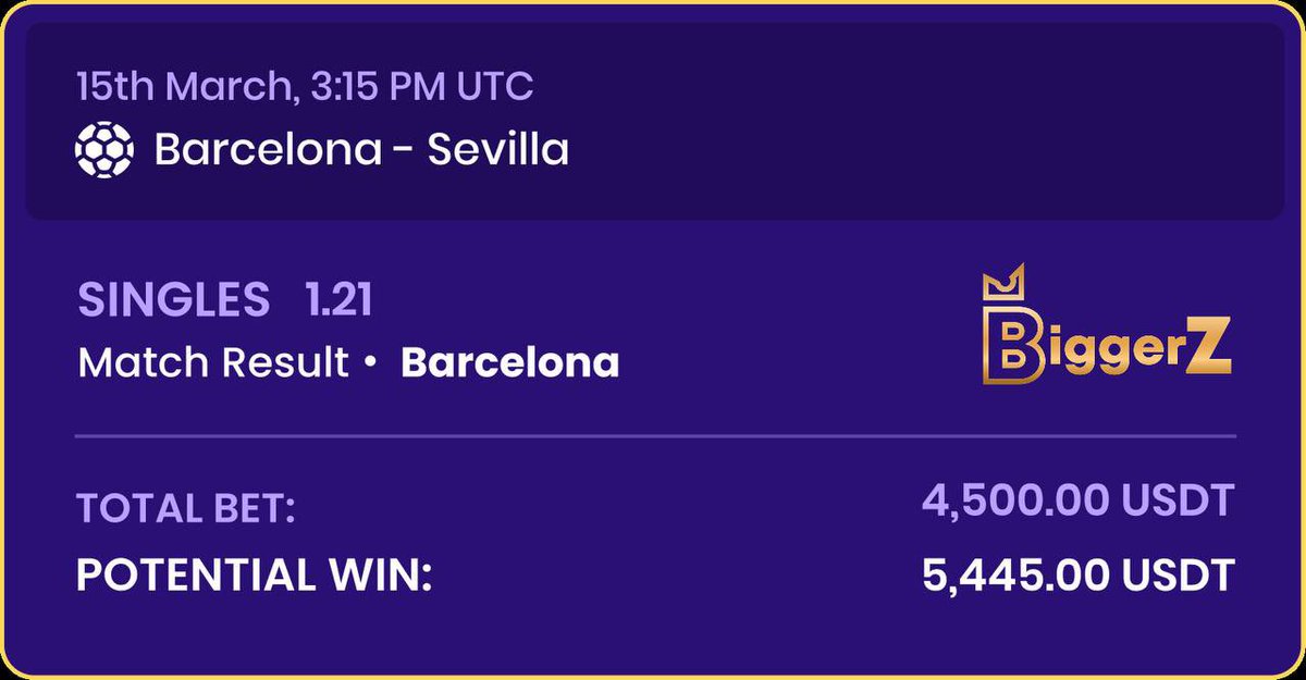 AnonyBSC's tweet photo. La Liga magic on https://t.co/hezjIlKZju! Unleashed a 4,500 USD bomb on Barcelona's victory over Sevilla (1.21 odds) cashing in 5,445 USD pure glory! Feel the pulse-pounding rush of crypto sports betting. Your next epic win awaits dive in now! #BiggerZ #BarcelonaWin https://t.co/HgulegF30q