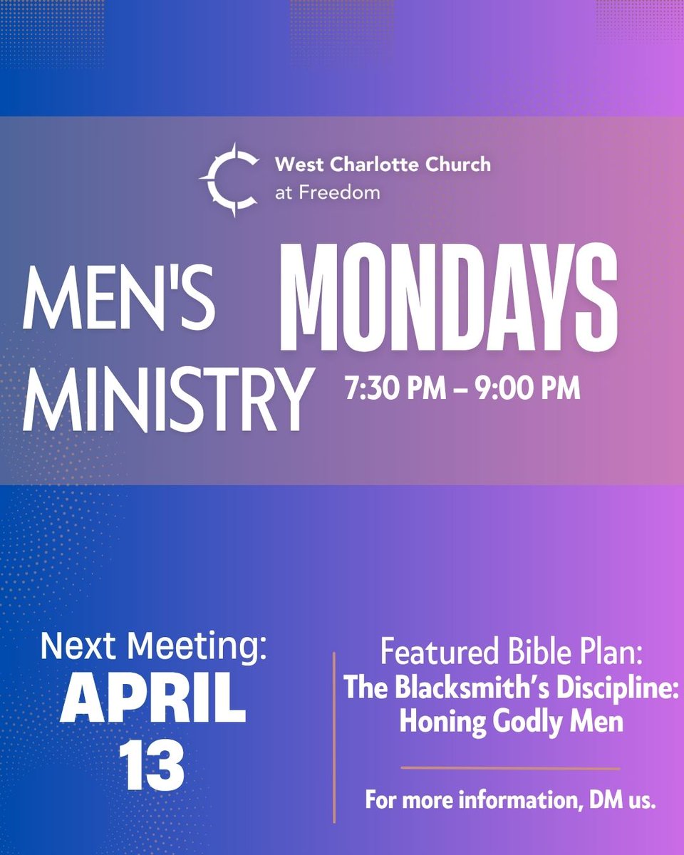 WestCLTchurch's tweet image. What’s happening at our church?  
Coming up: 

• Community Groups 
• Breakfast Club (4th–5th): 9:15-10:15 on April 12
• Student Ministries: April 12 
• Men’s Ministry: April 13  

DM us with any questions or to get connected. 

#ChurchLife #CharlotteChurch #GetConnected