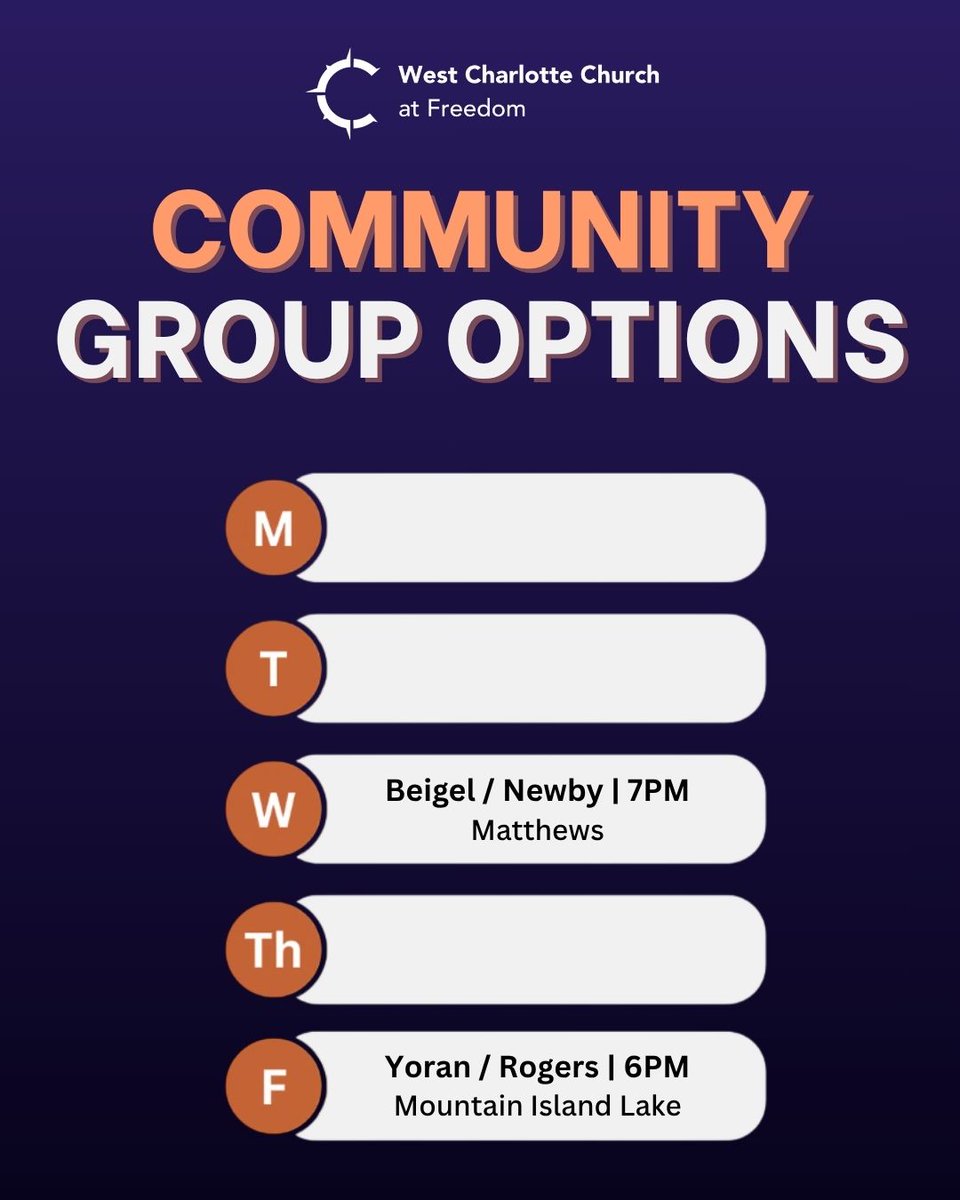 WestCLTchurch's tweet image. What’s happening at our church?  
Coming up: 

• Community Groups 
• Breakfast Club (4th–5th): 9:15-10:15 on April 12
• Student Ministries: April 12 
• Men’s Ministry: April 13  

DM us with any questions or to get connected. 

#ChurchLife #CharlotteChurch #GetConnected