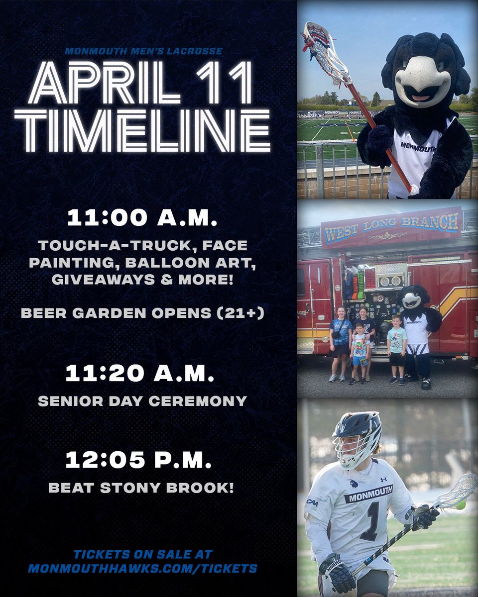MonmouthMLAX's tweet photo. BIG DAY at Kessler this Saturday! Get in early!

🚙🚑🚒, 🎨, 🎈, 🍺, and 🥍

🎟️ https://t.co/ikpjZ9hH7x

#FlyHawks || @MonmouthHawks https://t.co/kdl7JNjDU8