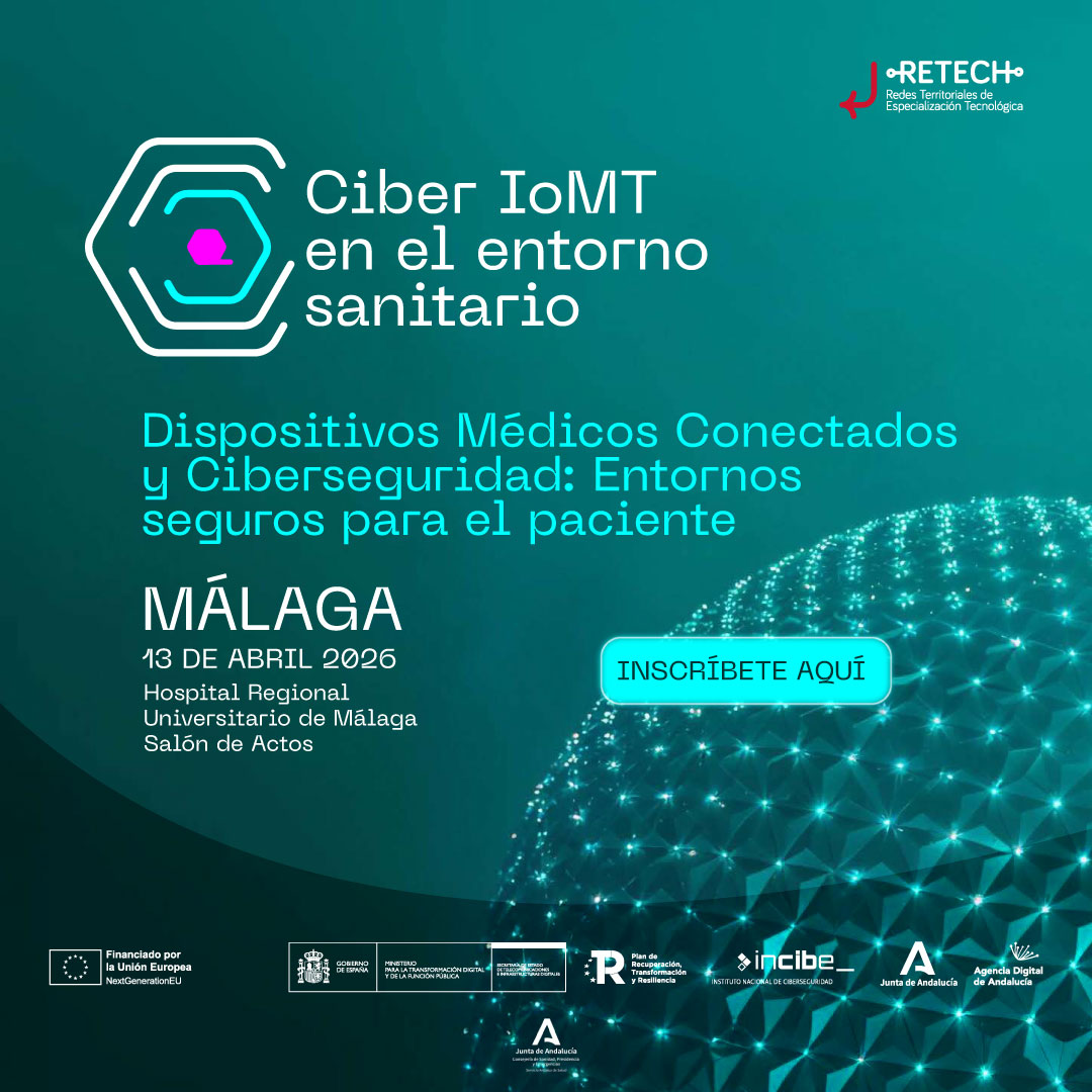 CentroCiberAND's tweet image. 🧪El 13 de abril arranca en #Málaga el ciclo de jornadas sobre ciberseguridad en dispositivos médicos conectados #IoMT.
👩‍⚕️ Dirigido a profesionales de la #Salud y la tecnología.
📍 En el @HRegionalMalaga @saludand 
📅 13 de abril de 2026 
🕘 9:00 – 14:00 h 
🔗 Inscripción: