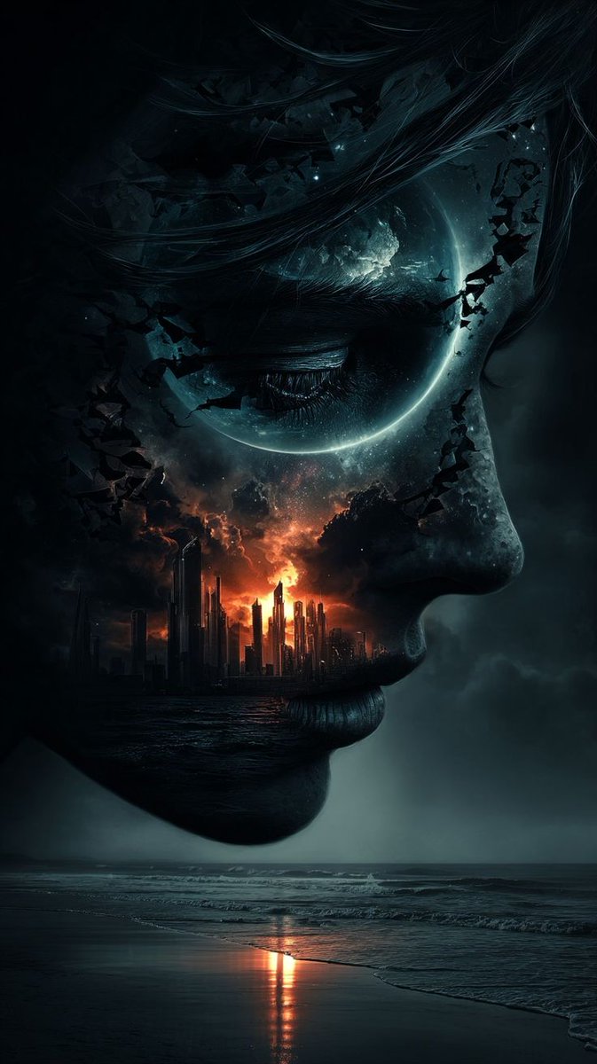 ruhinrhyme's tweet image. Beneath a fractured, cosmic sky,
The city burns in a closed eye.
Worlds collide in a quiet mind,
To outer light, I’m blissfully #blind.
A silent tide meets the sunset shore,
Seeking truths never seen before.
Vast dreams wake as the shadows fall.
#vss365
