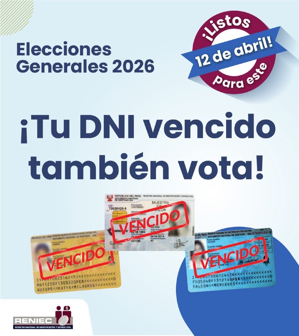 ReniecPeru's tweet photo. @GFManrique Buen día @GFManrique En estas Elecciones Generales 2026 sí podrás votar con tu #DNI caduco o por caducar, gracias a la Resolución Jefatural del Reniec, se autoriza su uso únicamente para identificarte y votar este 12 de abril. https://t.co/7U4w3QPpCC