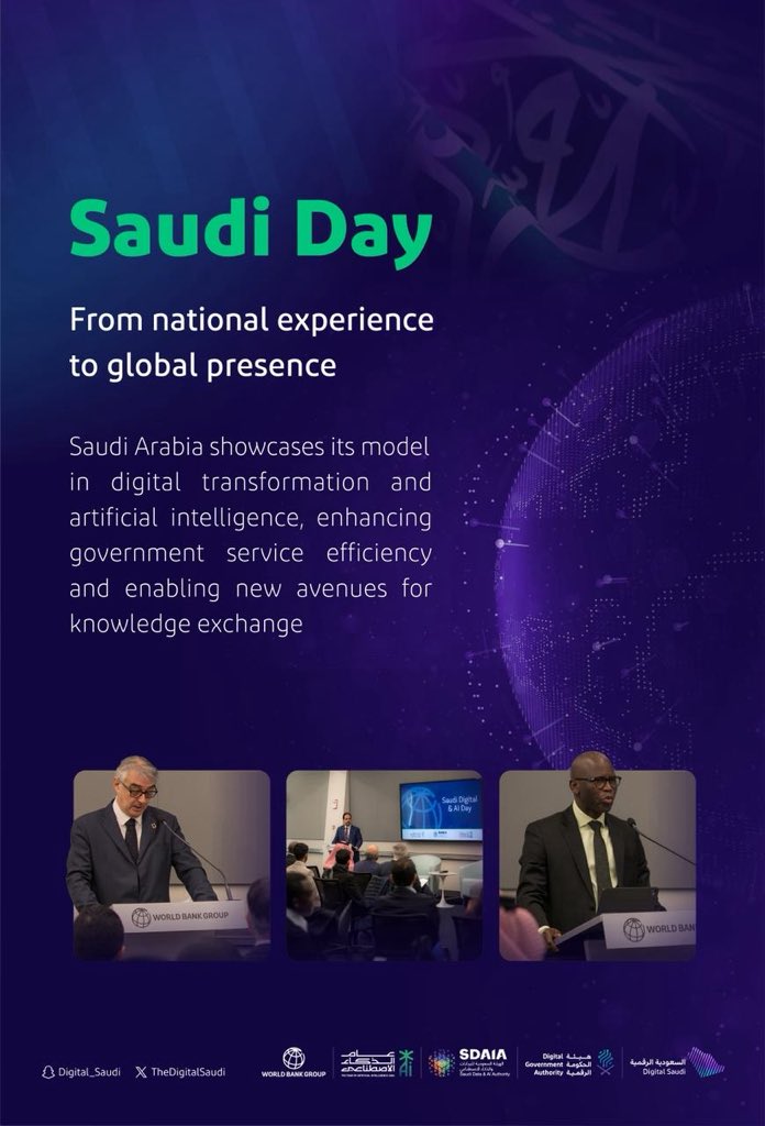 TheDigital_Ar's tweet photo. ‍The “Saudi Day of Digital Transformation and Artificial Intelligence” kicks off in Washington, organized by @DgaGovSa and @SDAIA_SA in collaboration with @WorldBankGroup, to showcase Saudi Arabia’s digital transformation experience as a national model presented internationally. https://t.co/ocdSYb2L6R