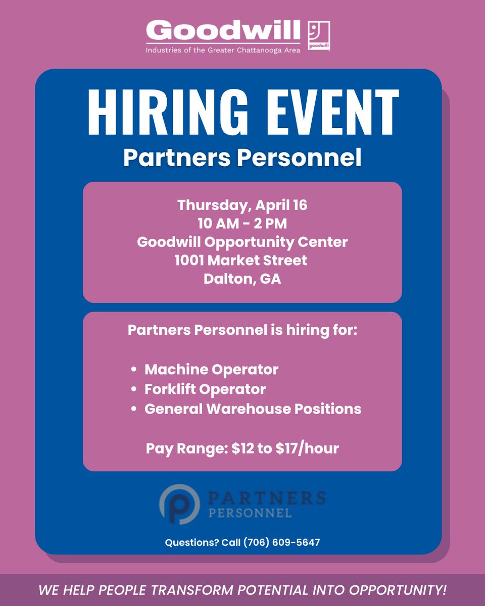 GoodwillChatt's tweet photo. Join us for a hiring event at our Opportunity Center in Dalton! https://t.co/JnOvPclG0L