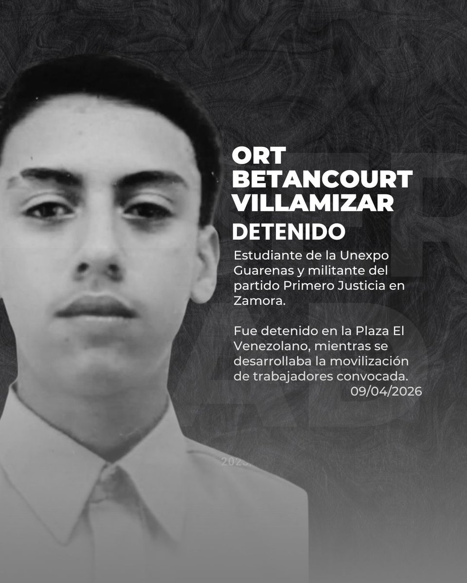 #URGENTE 

Estudiante de la UNEXPO Guarenas y militante del partido Primero Justicia en Zamora, fue detenido arbitrariamente este 09 de abril mientras se encontraba en la Plaza El Venezolano, en el contexto de una movilización de trabajadores.

Su detención ocurre en medio de un