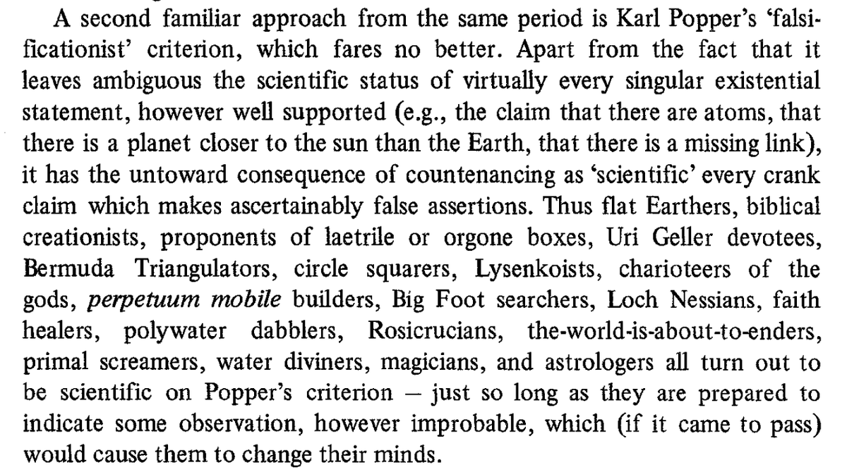 kagankans's tweet photo. "Apart from the fact that it leaves ambiguous the scientific status of virtually every singular existential statement, however well supported . . . it has the untoward consequence of countenancing as 'scientific' every crank claim which makes ascertain ably false assertions." https://t.co/Wetx4I7GQ5