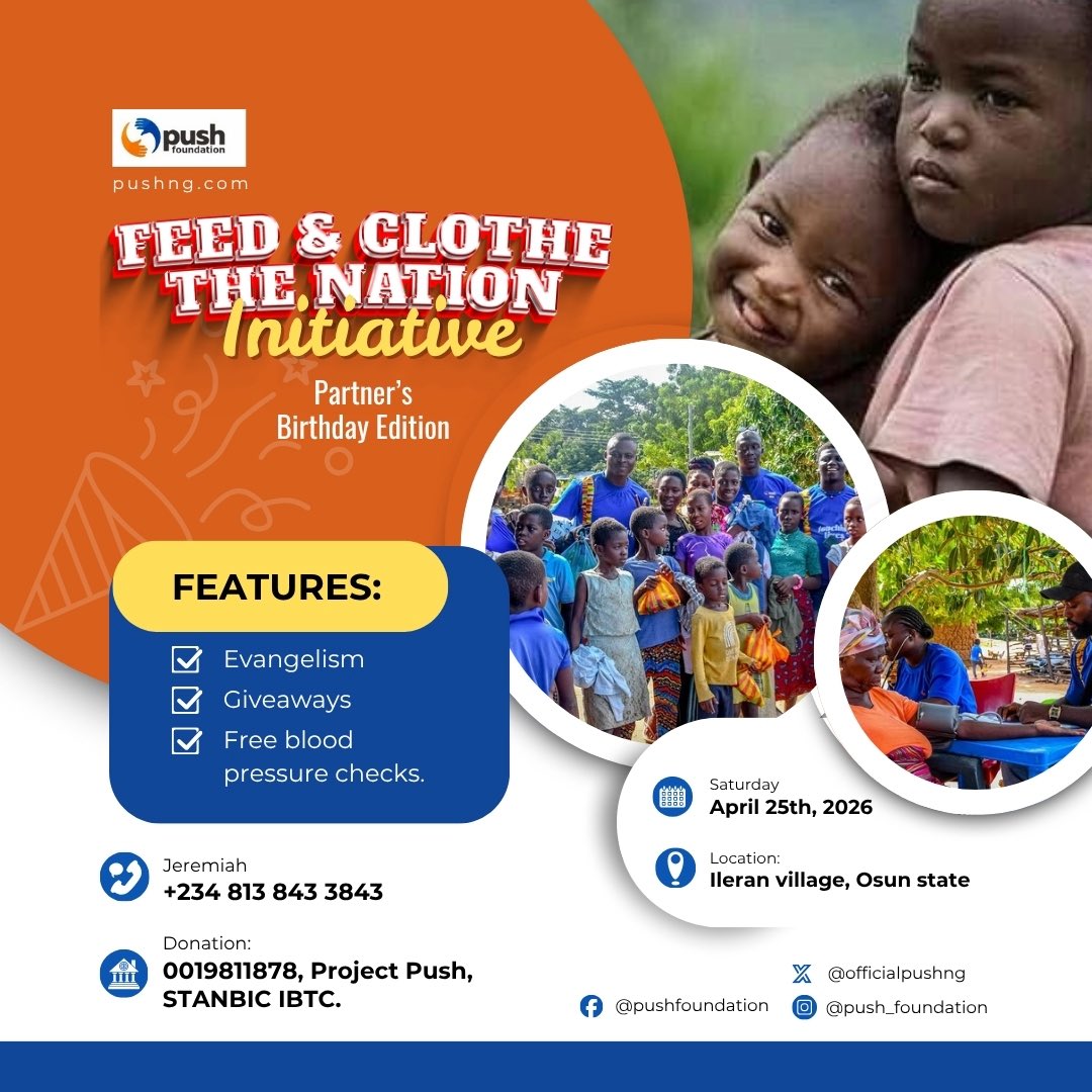 officialpushng's tweet photo. PUSH FOUNDATION OUTREACH – ILERAN VILLAGE! 🚀💛
25th April 2026 | Osun State

We’re heading to Ileran Village to spread love, give support, and touch lives! From relief items to community care, we’re showing up strong and pushing hope forward.

Join us as we make impact! ✨ https://t.co/m3vMMovukA