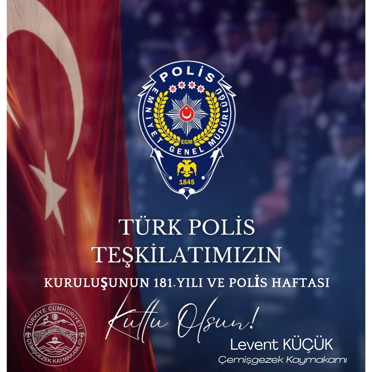 CemisgezekG's tweet photo. 🇹🇷 Türk Polis Teşkilatımızın 181. Kuruluş Yıl Dönümünü kutluyor, şehit polislerimizi rahmetle, gazilerimizi minnetle anıyor, emekli olan ve görevi başında bulunan kahraman polislerimize de aileleriyle birlikte sağlık, mutluluk ve başarılar diliyorum.
@leventkucuk_ https://t.co/E3Mt0cxx6v