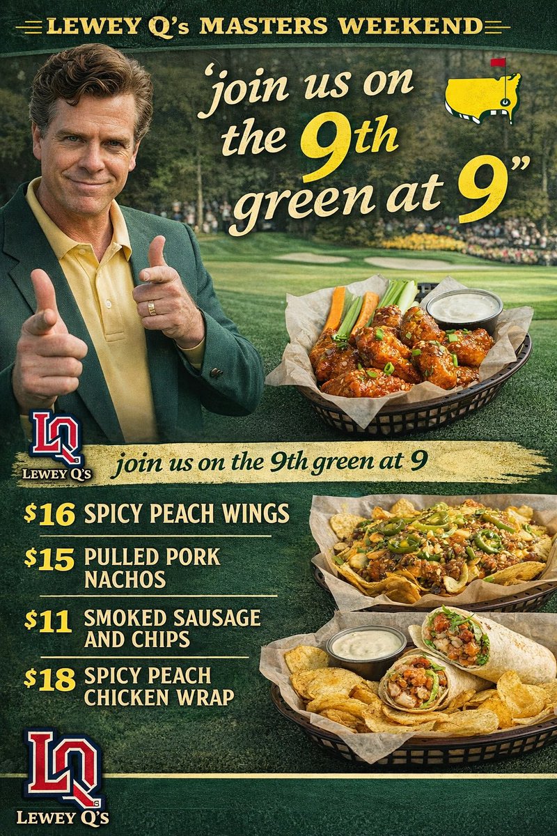 LeweyQsTap's tweet photo. Get your Masters fix with us this weekend 

#TheMasters #LeweyQs 
#BeerPizzaWingsSports #GlenEllyn https://t.co/oM7cEawvcR