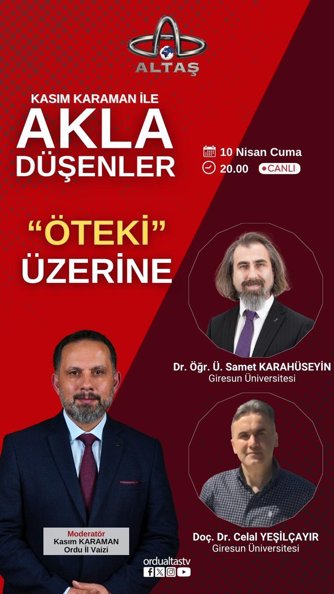 CelalYesilcay's tweet photo. Yarın akşam Altaş Tv’de konumuz “Öteki” bekleriz…
@ordualtastv @kasimkaraman https://t.co/EKFzMcv64m