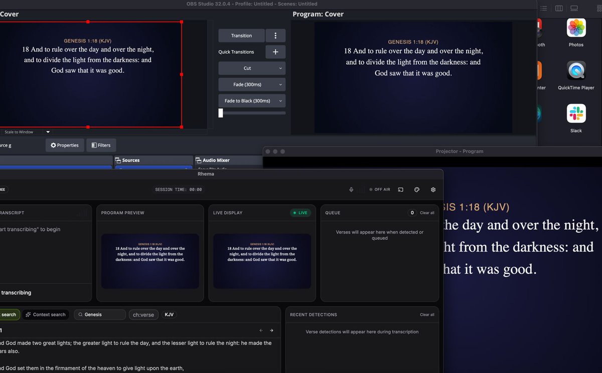 Hi guys, I built an open-source alternative to <a href="/pewbeam_ai/">Pewbeam</a> in one week. 

github.com/openbezal/rhema
Started coding during a Sunday church service. By the following Sunday, we were using it live during our church service. Wild.
Here's what Rhema does: it listens to your pastor's