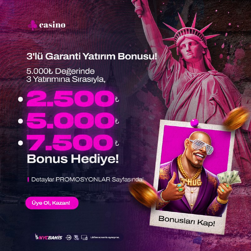 🎰3'LÜ GARANTİ YATIRIM BONUSU 🎰

5000₺ Değerinde 3 yatırımına sırasıyla, 🫰

*2.500₺
*5.000₺
*7.500₺

🎁BONUS HEDİYE!  🎁

Detaylar web sitemizde ''Promosyon'' sayfamızda..

Farkı yaşa,
NYC GLOBAL