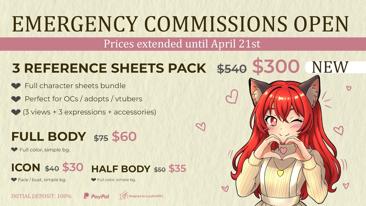 LucyArt2501's tweet image. Emergency Commissions Open (until April 21)
I really need support right now.
Every commission helps me keep going.
If my art ever meant something to you… this is the moment. ✨
💌 DM to claim
🔁 Shares mean everything
#EmergencyCommissions #OpenCommissions #ArtistSupport