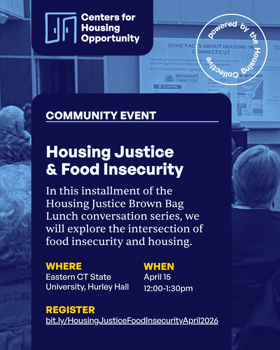 Join us for an eye-opening discussion with Christian Duborg from @cwcseo about how housing affordability &amp; food access connect, and share ideas on improving food and housing systems in CT.

📆 Wednesday, April 15
⌚️12 PM – 1:30 PM
🥪 Lunch provided
🔗 bit.ly/HousingJustice…