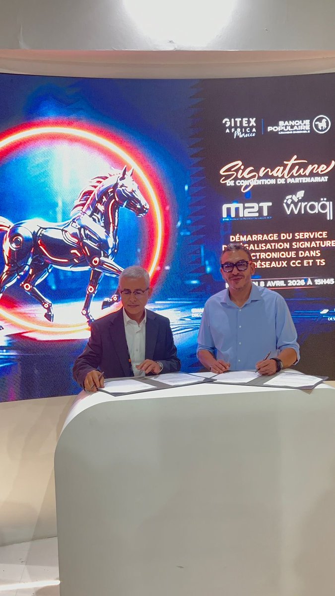 wraqi_'s tweet photo. Signature d’un partenariat stratégique entre M2T et Wraqi lors du @GITEXAfrica 

M2T et Wraqi unissent leurs forces pour accélérer la transformation digitale des services publics au Maroc 🇲🇦 https://t.co/HrygMOC4I8