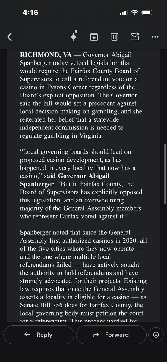 ChazNuttycombe's tweet photo. GOVERNOR SPANBERGER VETOES FAIRFAX CASINO: https://t.co/SbPtGkyKn8