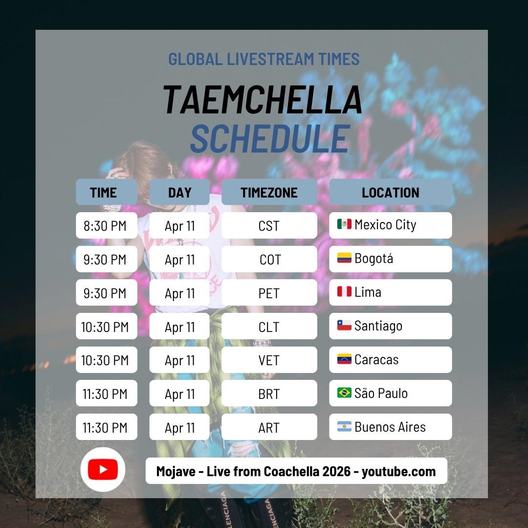 UKTAEMates's tweet photo. TUNING IN FOR #TAEMCHELLA FROM AROUND THE WORLD?

🗺️1. Check the timings below to see when #TAEMIN will perform in your timezone

🔴 2. Turn on notifications for the Mojave stage livestream https://t.co/A9feGpdQy9

👑3. Don't miss the Idol Of Idols' historic #COACHELLA debut! https://t.co/9wIE1C0lMe