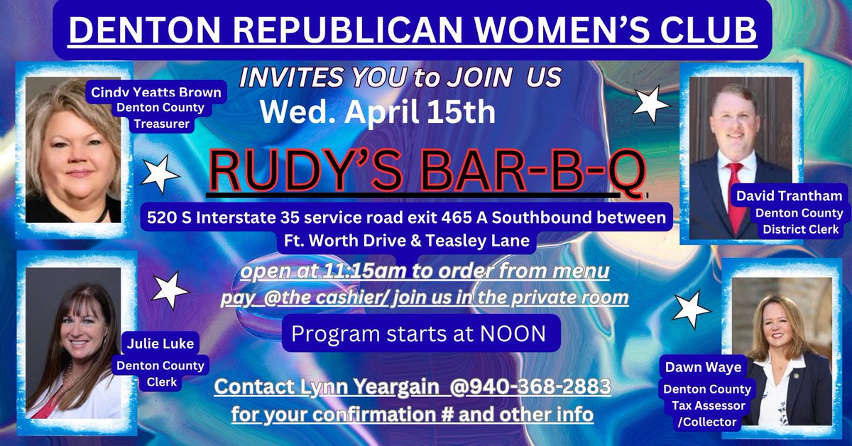 DentonRWC's tweet photo. Come join   @DentonRWC  at our April 15th meeting with Denton County Treasurer,  Denton County Clerk &amp; District Clerk,  &amp;  
Denton County Tax
Assessor/Collector at 
1115am at Rudy's Bar-B-Q 520 South IH-35 E Denton, TX
RSVP Required to attend,  contact Lynn  940-368-2883 https://t.co/9RjbM2pxUq