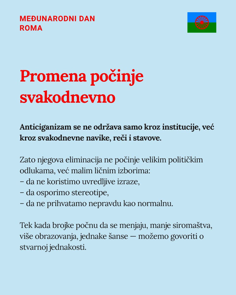 GradjanskiCenSr's tweet photo. 👉 Fighting #antigypsyism begins with personal #responsibility:
Watch your language. Question stereotypes. Speak up when you hear them.

Silence keeps inequality alive, action changes norms.

👉 Real #equality means: less poverty, more education, equal opportunities for all. https://t.co/8Rmtev4mX2