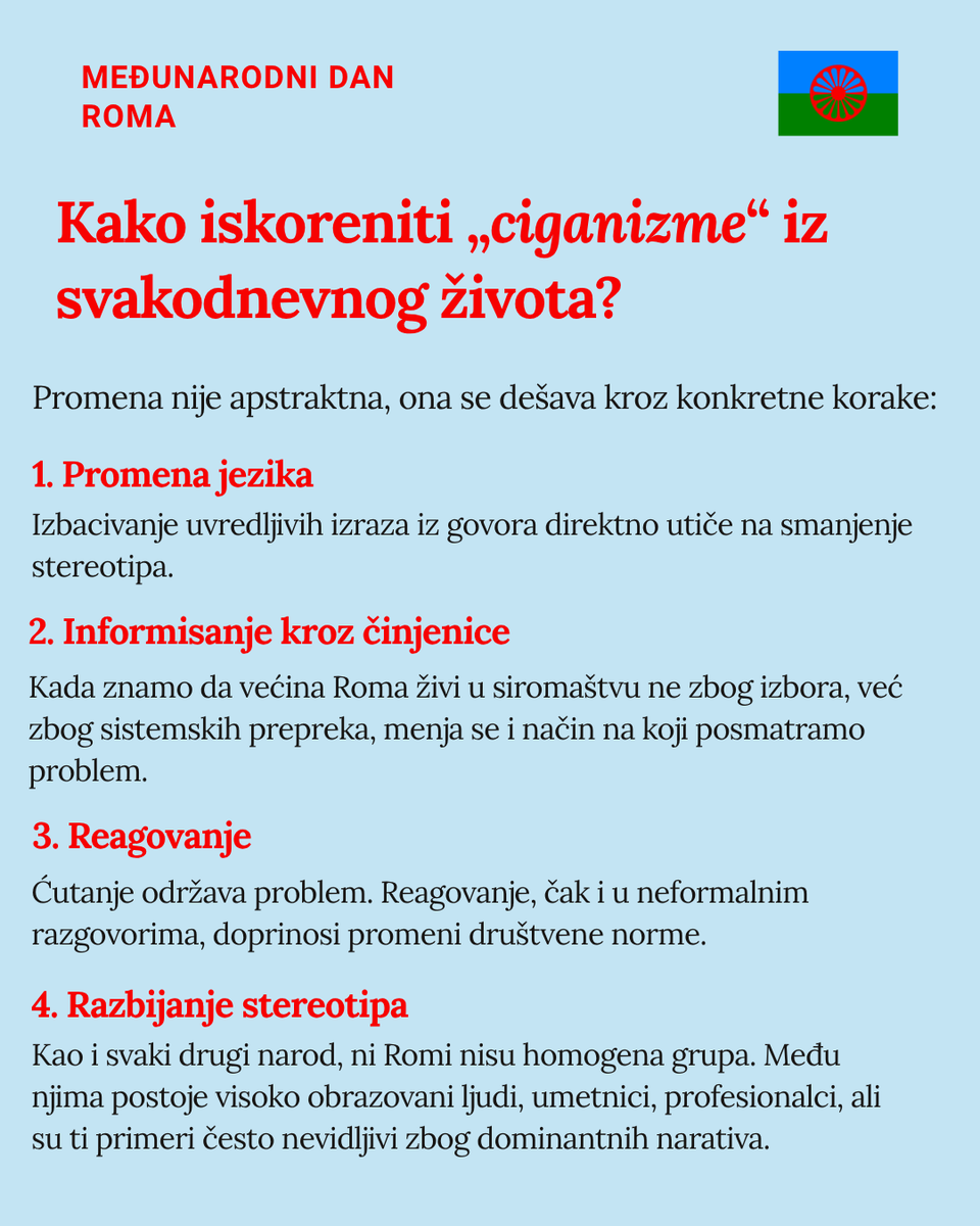 GradjanskiCenSr's tweet photo. 👉 Fighting #antigypsyism begins with personal #responsibility:
Watch your language. Question stereotypes. Speak up when you hear them.

Silence keeps inequality alive, action changes norms.

👉 Real #equality means: less poverty, more education, equal opportunities for all. https://t.co/8Rmtev4mX2