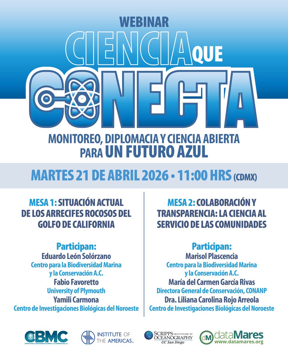 iamericas's tweet photo. Tenemos el gusto de invitarles al webinar Monitoreo, diplomacia y ciencia abierta para un futuro azul, co-organizado por @Catlosa_ , directora de nuestro programa de Investigación Marina.

martes 21 de abril de 2026
11:00 am (CDMX) | 10:00 am (La Paz, BCS)
https://t.co/BUZiDOQutr https://t.co/e2dwg4uVGX