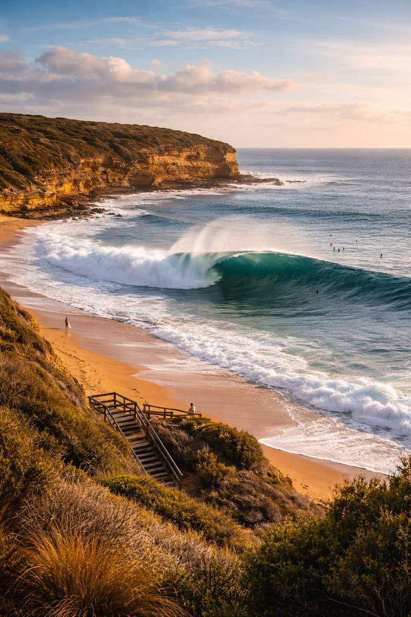 surfreportbr's tweet photo. Bells Beach ao entardecer 🌅🌊
Luz dourada, linhas perfeitas e a essência do surf em um dos picos mais icônicos do mundo.
#BellsBeach #surf #surfing #ondas #Austrália #wave #surfreport #RipCurlProBellsBeach https://t.co/XcQgviY1Sj