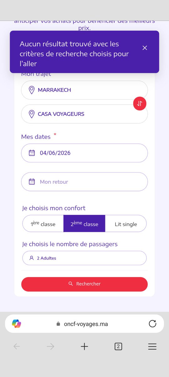 ericchabrol's tweet photo. @ONCFgroup j'essaie de réserver un billet de train Marrakech - Casablanca pour le mois de juin sur votre site, sans succès 😥 (voir screenshot). Comment faire ? https://t.co/B9cHkOeCg1