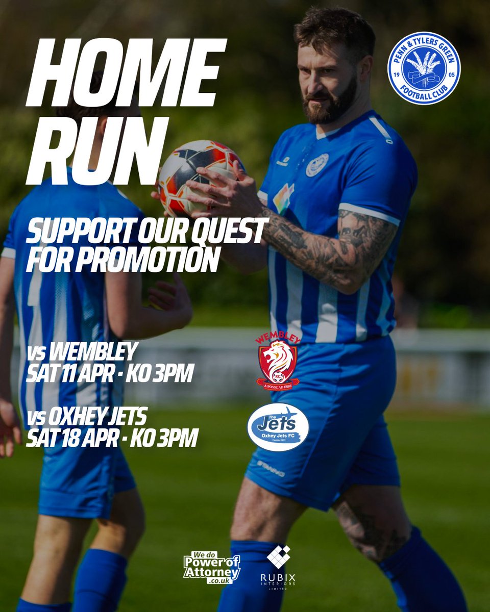 𝗪𝗲𝗺𝗯𝗹𝗲𝘆 (𝗛) 🔜 

2️⃣ home games to go and the boys need all your support as they chase title glory 🙏

Get yourself down to French School Meadow on what could be a big Saturday for PTGFC 💙🤍