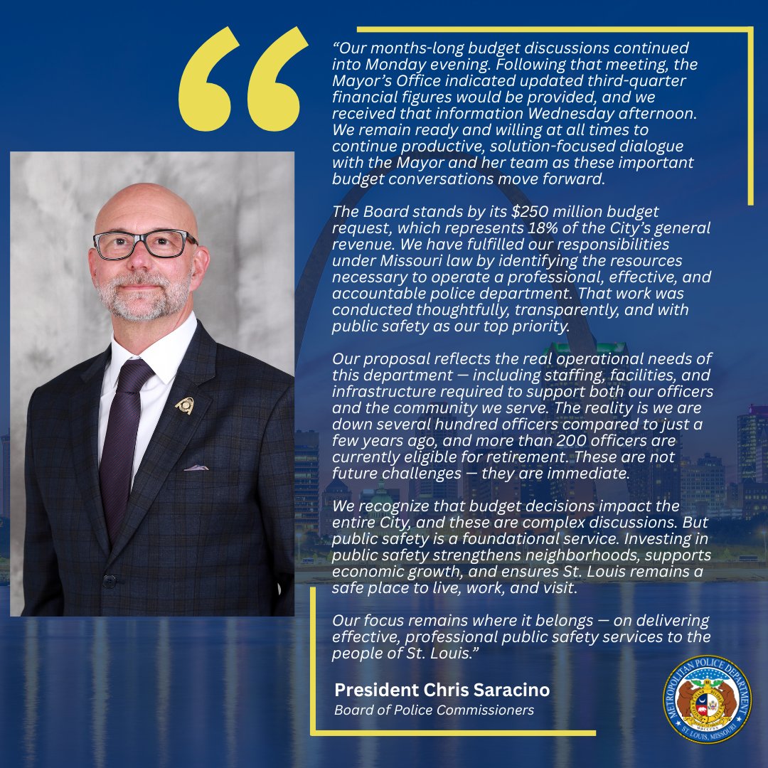 SLMPD's tweet image. The @STLCityGov is suing the Board of Police Commissioners. The proposed budget reflects operational needs of the #SLMPD. We are down several hundred cops compared to a few years ago and 200+ officers can retire today. These are not future challenges — they are immediate.