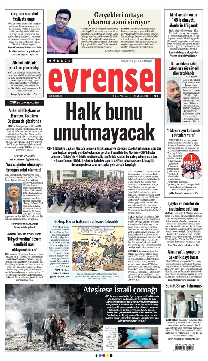 🗞 Halk bunu  unutmayacak

CHP’li Belediye Başkanı Mustafa Bozbey’in tutuklanması ve görevden uzaklaştırılmasının ardından yeni başkanı seçmek için dün toplanması gereken Bursa Belediye Meclisine CHP’li üyeler alınmadı. Yalnızca Cumhur İttifakı üyelerinin katıldığı seçimle