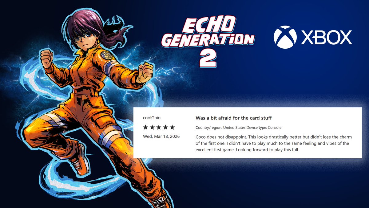 cococucumberco's tweet photo. Excited to share that the Echo Generation 2 demo is in the @ID_Xbox Indie Select demo collection for this week! ✨ 

With 4/5 rating, see what other players are raving about at https://t.co/5X5WR7vFrO

#indiedev #indiegames #xbox https://t.co/LFsZooJPrR