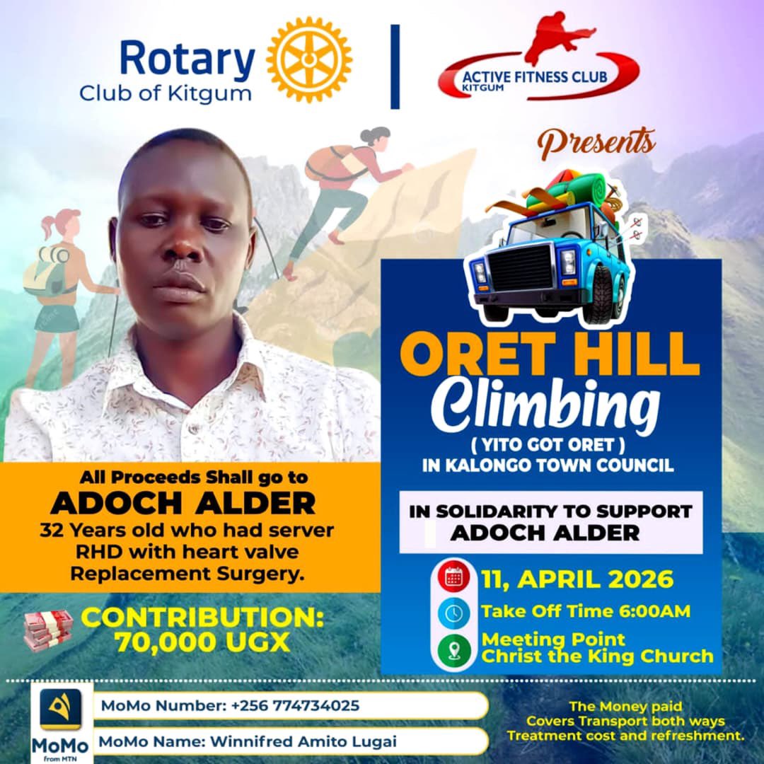 Rotary is about impact this Saturday 11/04/2025 let's all  Climb Kalongo Hill to save the Life of Adoch Alder &amp; the unborn child.Rc kitgum &amp; AFC will lead  the team. Fee: 70k  proceeds will be given to Adoch  Alder to get medications to safe her life &amp; that of unborn child.