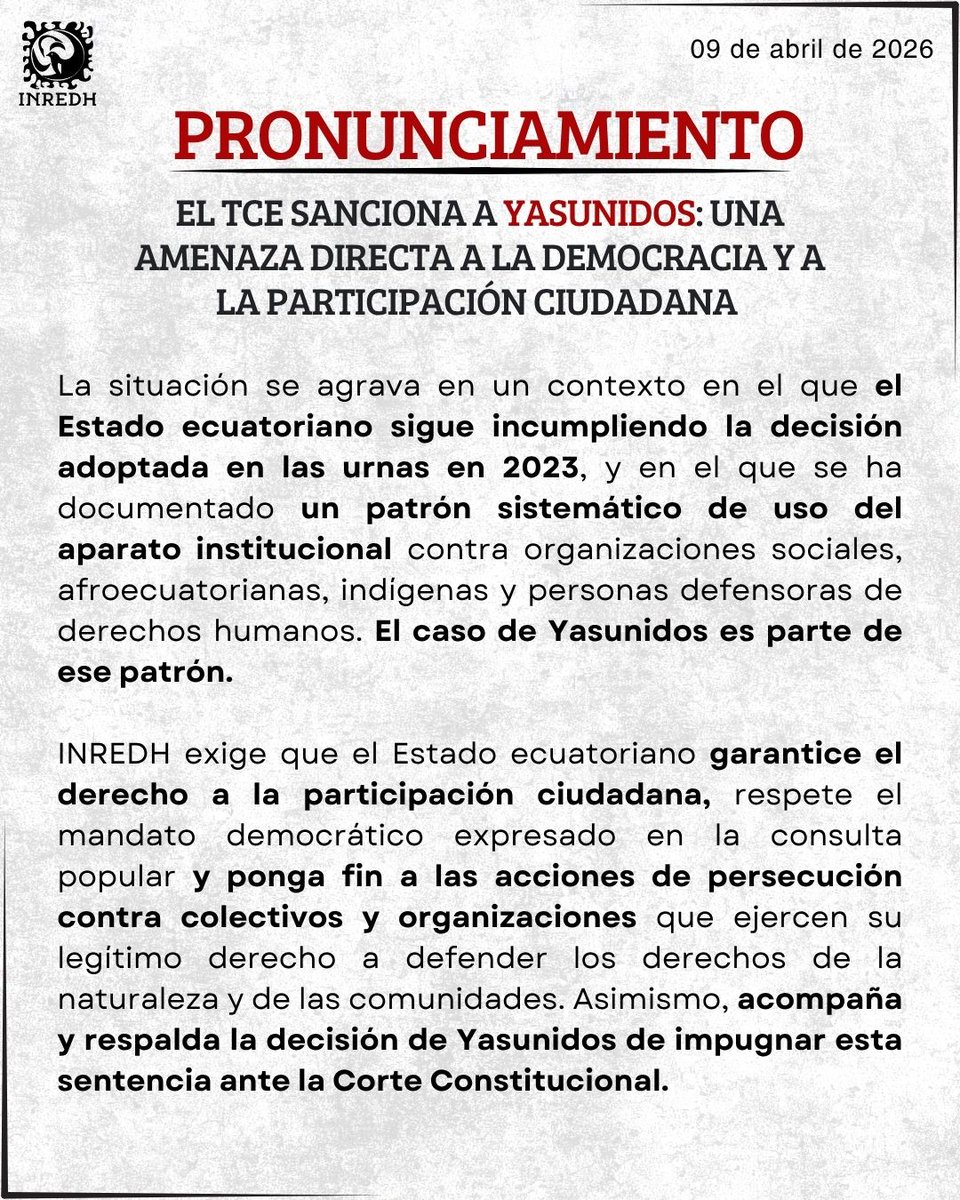 inredh1's tweet photo. #BastaDeCriminalización | 🟢 La sanción del TCE contra Yasunidos es una medida desproporcionada, carente de sustento jurídico y parte de un patrón sistemático de persecución contra organizaciones sociales y defensoras de derechos humanos en Ecuador.

Este fallo establece un precedente gravísimo para la democracia y la participación ciudadana.
Acompañamos a #Yasunidos en la impugnación de esta sentencia ante la Corte Constitucional. 🌿

📄 Lee nuestro pronunciamiento completo en el enlace de la bio @inredh o en 👉 https://t.co/stqgCnfbfT