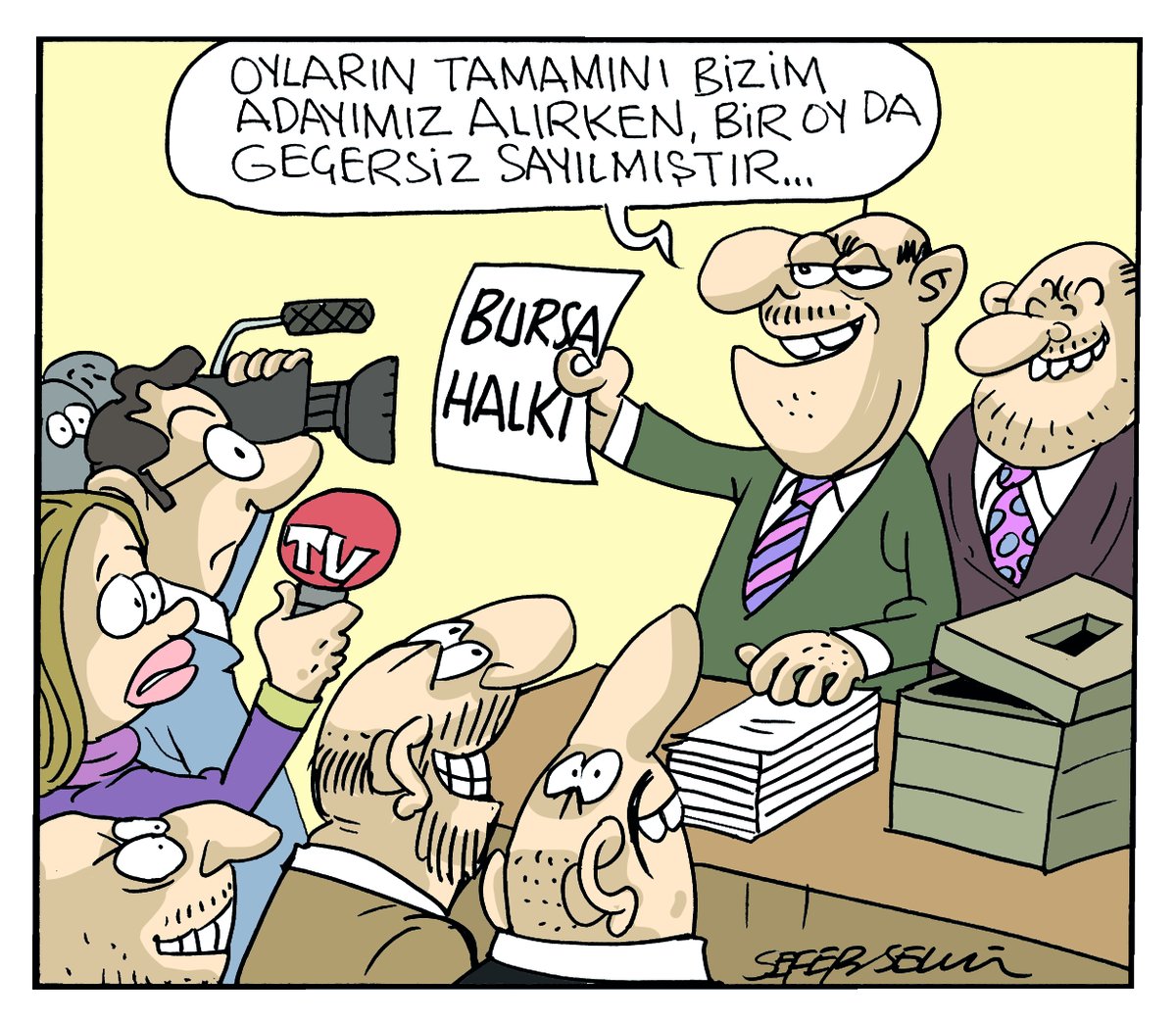 Bursa Belediye Başkanı Bozbey’in tutuklanmasının ardından yapılan başkan vekili seçimine CHP katılmadı. Bir oyun geçersiz sayıldığı seçimi 60 oy alan AKP’nin adayı kazandı.

🗞 Sefer Selvi çizdi