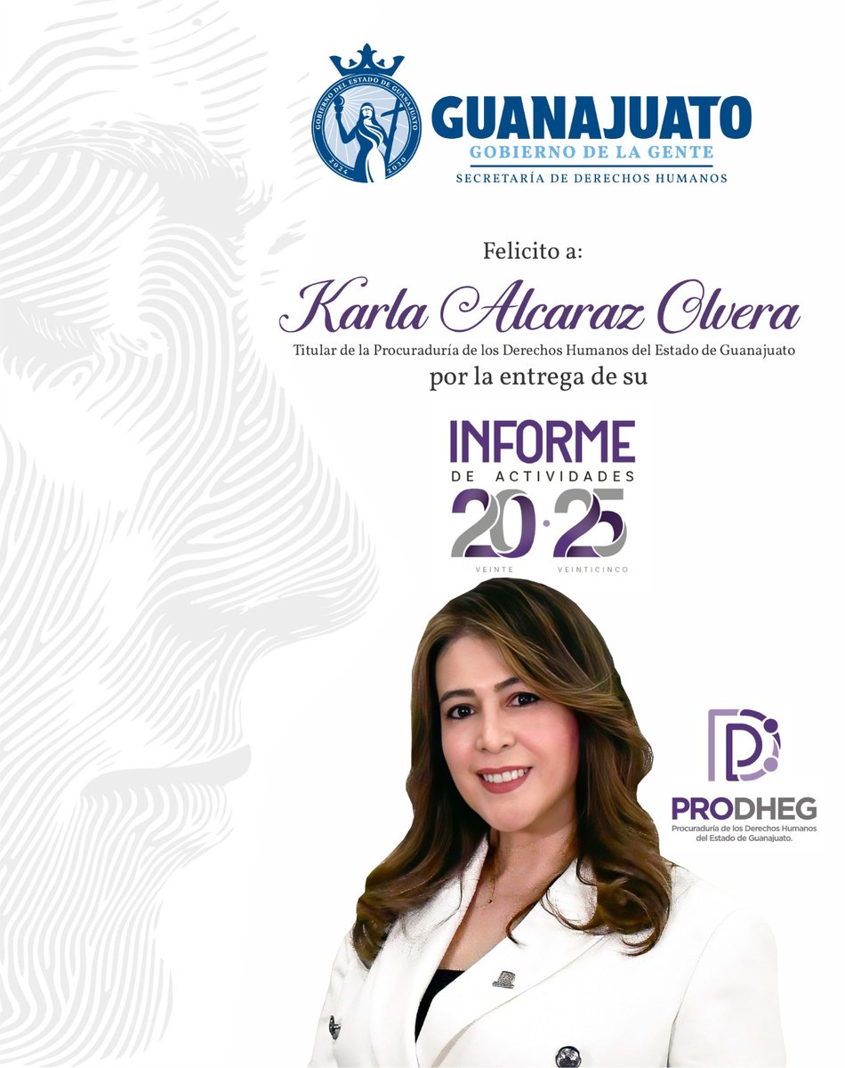 Felicito a mi estimada <a href="/KarlaAlcarazOl1/">Karla Alcaraz Olvera</a> por su Primer Informe de Actividades al frente de la <a href="/PRODHEG/">PRODHEG</a> .
Tu liderazgo, apertura y visión han fortalecido a la PRODHEG como una institución cercana y comprometida, consolidándola como una instancia hermana y aliada.