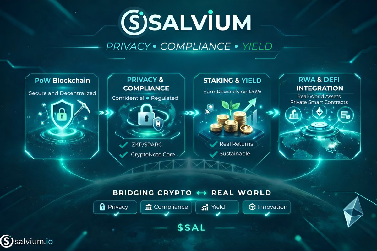 salvium_io's tweet photo. ⚡️Real World Assets (RWA) go LIVE on Salvium in just days - Monday, 13th April.

For the first time, we’re seeing RWAs truly on chain… on a blockchain built from the DNA of Monero.

Salvium takes everything that made $XMR legendary - privacy, fungibility, and untraceable transactions - and evolves it into something much bigger.

⚙️ Built on Monero’s foundation:
• Stealth addresses
• Ring signatures (enhanced privacy via T-CLSAG)
• Proven PoW security

➡️ Now upgraded with:
• Staking & yield generation on PoW
• Compliance-ready features for MiCA 
• Programmable DeFi primitives
• And now… RWA tokenization

So why do RWAs on Salvium matter? 

Because until now, RWAs have lived on transparent chains - where every asset and every movement is fully exposed.

RWAs aren’t the endgame for us…
They’re the foundation for what comes next.
And the next step is inevitable:
 
Fully private smart contracts. ✍️

Salvium shows how Monero-based technology can evolve beyond private payments only……into something the space has never seen before.

Welcome to the next phase.
Welcome to Salvium. $SAL

Read more on Salvium's RWA's here: https://t.co/zqG4YQ4Nm0