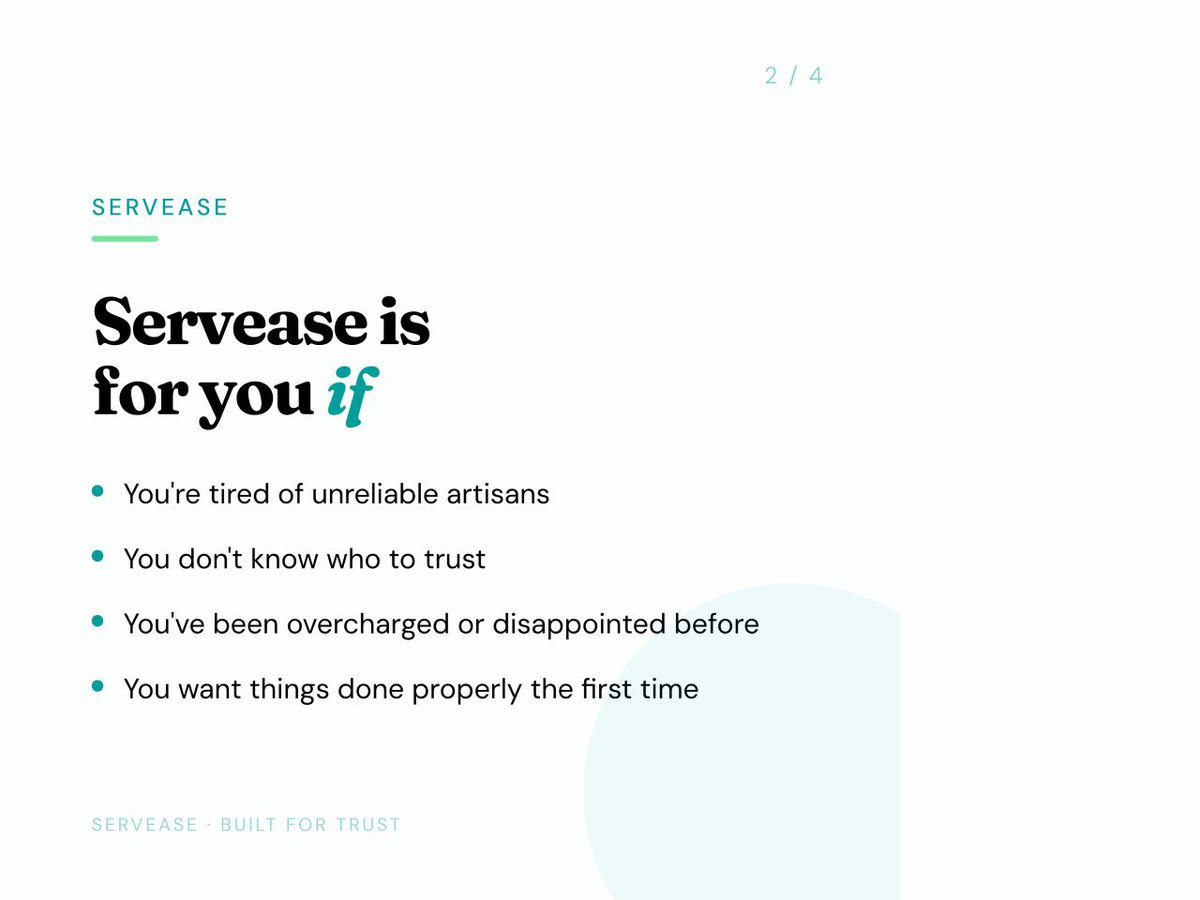 serveaseng's tweet photo. A platform where you can book trusted service providers, pay securely, and only release payment when you’re satisfied.

No stress. No stories.

Just results.

#Servease #HomeServices #NigeriaStartups #TrustAndQuality” https://t.co/IrW9tMP9Uo
